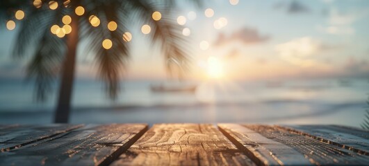 Scenic sunset view from a wooden deck overlooking a tranquil beach with blurred palm tree lights, perfect for vacation and relaxation themes.