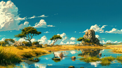 a beautiful landscape of savannah style art of anime