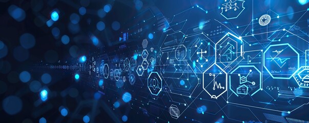 Poster - Abstract Blue Digital Network Background with Hexagon Shapes and Symbols