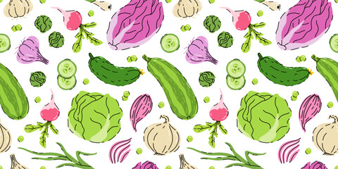 Wall Mural - seamless hand drawn pattern with vegetable isolated on white background. Bundle of fresh delicious vegan diet vegetarian products, wholesome healthy food, cooking ingredients.