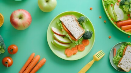 Top View of Healthy School Lunch Featuring Fruits and Vegetables on Green Background