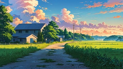 Wall Mural - Anime vibe village landscape. Very peaceful to watch. Clouds are beautiful.