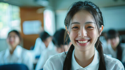 Wall Mural - portrait cheerful female of student in the classroom to convey the spirit study