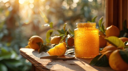 Wall Mural - A jar of orange marmalade with a spoon on a white studio kitchen table, illuminated by daylight.