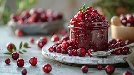 Wall Mural - A jar of cranberry jam with a spoon, positioned on a white studio kitchen table.