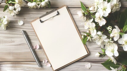 Overhead view of blank paper on antique clipboard with elegant pen and beautiful flower