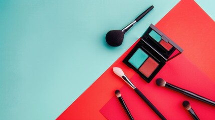 Canvas Print - Travel sized makeup arrangement on colorful background with copy space