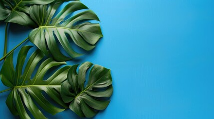 Wall Mural - Minimal tropical background with monstera leaf on blue backdrop