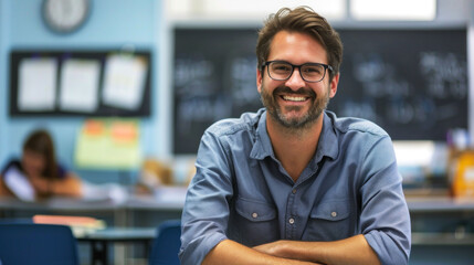 Wall Mural - portrait cheerful of teacher in the classroom to convey their spirit