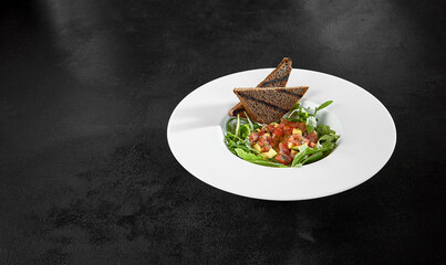 Sticker - Tuna Tartare with Arugula and Toasts on Black Background – Gourmet Fine Dining