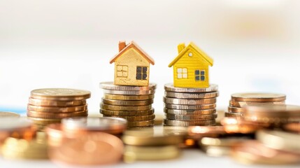 Two small house models on stacks of coins, representing real estate investment, savings, and financial growth in a high-interest environment.