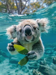 Swimming Koala with Leaves