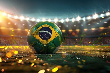 Football ball with flag of Brazil on the field of football stadium and space for name of football clubs.