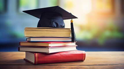 Graduation hat and stack of study books. with copy space