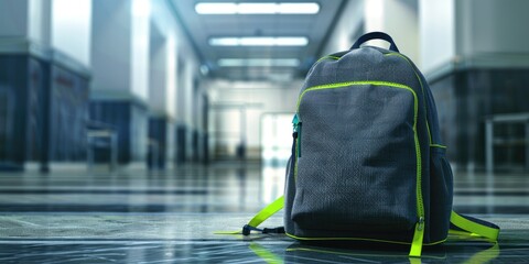 Modern gray backpack with neon green zippers in a quiet school hallway, indicating back to school after summer