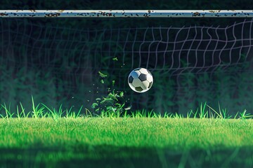 Soccer ball and goal net with lawn and black background with clipping mask included. 3D illustration.