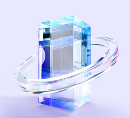 Poster - 3d crystal light holographic block glass torus ring render. Abstract transparent dispersion gradient geometric shape. Futuristic rectangle pillar column for ux ui design, digital tech. 3D illustration