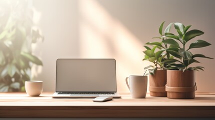 Poster - minimalist desk setup with a laptop, a plant, and a cup of coffee, bathed in soft morning light.