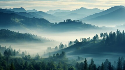 Wall Mural - Photograph of a misty landscape that captures the beauty of nature. first person view ,on a clean background realistic daylight--C100 --ar 16:9 --v 5.2 Job ID: 9e58275b-9fac-49dc-ac18-1fd022fdd30a