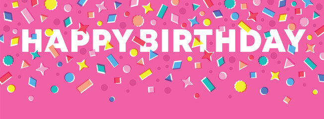 Wall Mural - Happy Birthday banner background with colorful confetti on pink background