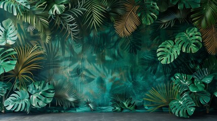 3D mural featuring lush, verdant tropical leaves, vibrant green backdrop, raw style, highly detailed and immersive