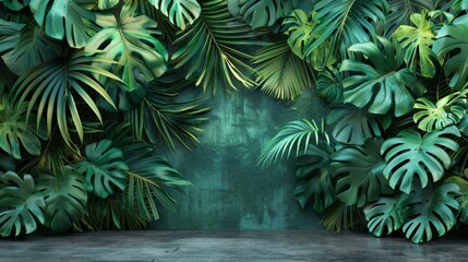 Wall Mural - 3D mural featuring lush, verdant tropical leaves, vibrant green backdrop, raw style, highly detailed and immersive