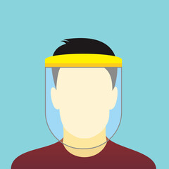 Man wear the face shield or cover vector illustration. Mandatory personal protective equipment to protect face area from flying debris hazard safety standard.