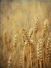 Poster - Ears of wheat on a rustic background, showcasing the golden harvest. Suitable for agricultural and food industry themes.