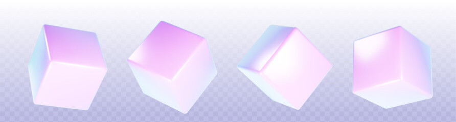 Poster - 3d holographic cube render element. Abstract box shape. Hologram geometric figure isometric set. Iridescent solid block. Blank minimal purple and pink color light futuristic concept model for web.