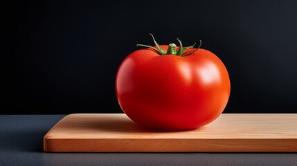 Poster - a single, perfectly ripe tomato resting on a gray cutting board, its vibrant red color contrasting with the neutral background. 