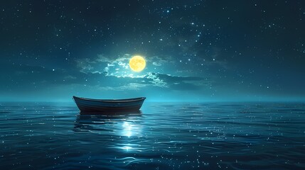 Wall Mural - Ocean boat and moon illustration poster background