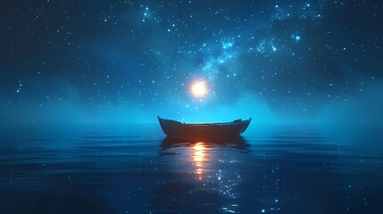 Ocean boat and moon illustration poster background