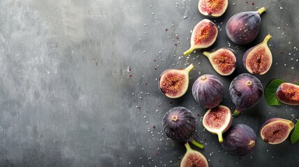 Juicy figs on dark stone surface against light background