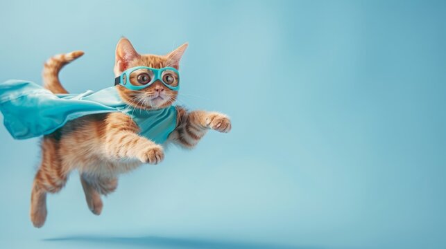 Superhero Orange Tabby Cat in Blue Cloak and Mask Flying - Light Blue Background