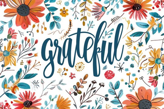 A colorful composition featuring the word 'Grateful' surrounded by a vibrant variety of flowers and foliage
