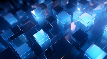 Fototapete -  vibrant abstract blue background with overlapping diamonds and squares in a dynamic geometric pattern, showcasing vibrant neon colors and a retro-futuristic vibe.