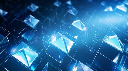 Fototapete - vibrant abstract blue background with overlapping diamonds and squares in a dynamic geometric pattern, showcasing vibrant neon colors and a retro-futuristic vibe. 