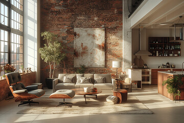 Wall Mural - A chic loft in New York City featuring minimalist design with subtle brick textures, providing a serene and clutter-free atmosphere, captured with bright midday sunlight and a wide-angle perspective.
