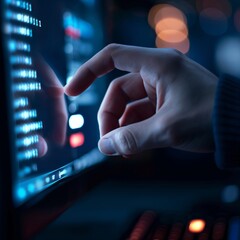 Wall Mural - Close-up of a hand pointing at a touchscreen displaying code in a dimly lit environment with a blue glow.