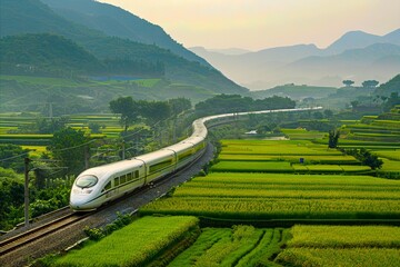 Wall Mural - A train traveling through a green field.