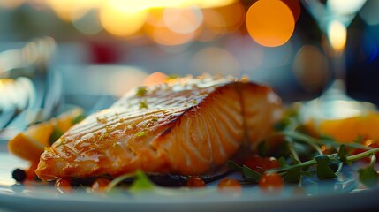Wall Mural - a plate of salmon with garnishes on it.
