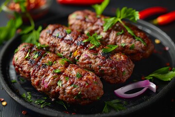 Wall Mural - a plate of meatballs with onions and herbs.