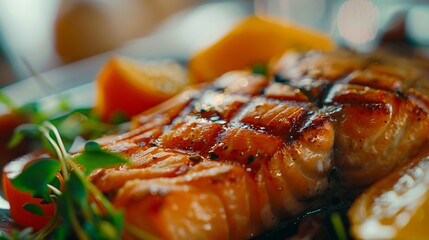 Wall Mural - grilled salmon with lemon and herbs on a plate.