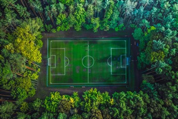 Wall Mural - Aerial view of a soccer field in the forest.