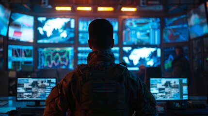 A military operator looks at a control room with multiple screens