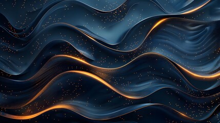 Wall Mural - Abstract dark blue wavy background with glowing golden particles creating a luxurious and elegant feel 
