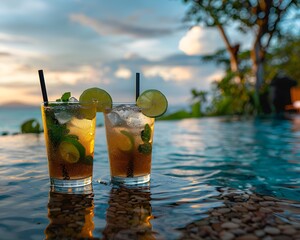 Two refreshing cocktails sitting by an infinity pool at sunset with a tropical view in the background. 