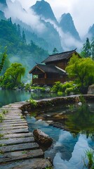 Wall Mural - A wooden bridge leads to a small house in the mountains.
