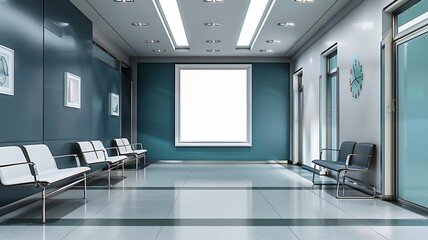 Wall Mural - a mockup of an empty white poster on the wall in a modern hospital waiting room, with comfortable chairs and advanced medical equipment, showcasing a clean and welcoming healthcare environment