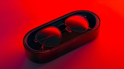 Poster - A pair of sunglasses in a black case on a red background.